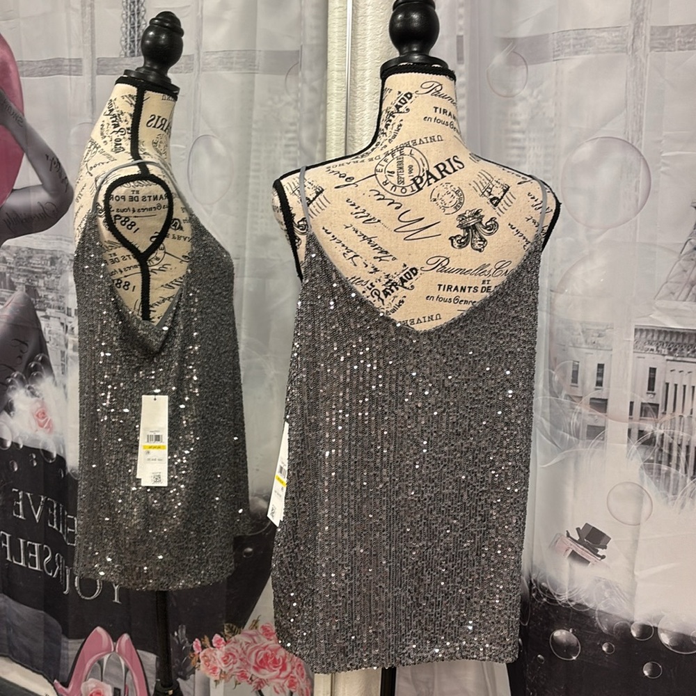 NWT Calvin Klein Silver Sequined Tank Top - Picture 4 of 8
